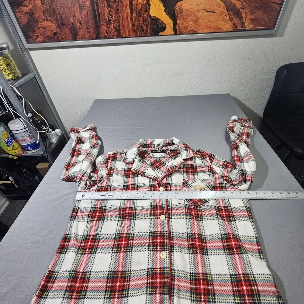 Lauren Ralph Lauren Pajama Top Large L Plaid Fleece Flannel Button Up Crest Red